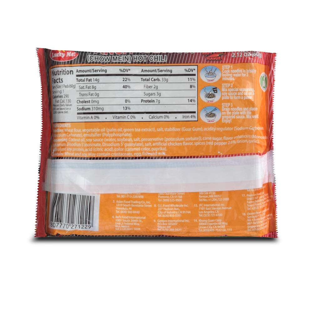Lucky Me! Pancit Canton Hot Chili Flavor Chow Mein Noodles 2.12 oz (60 g)